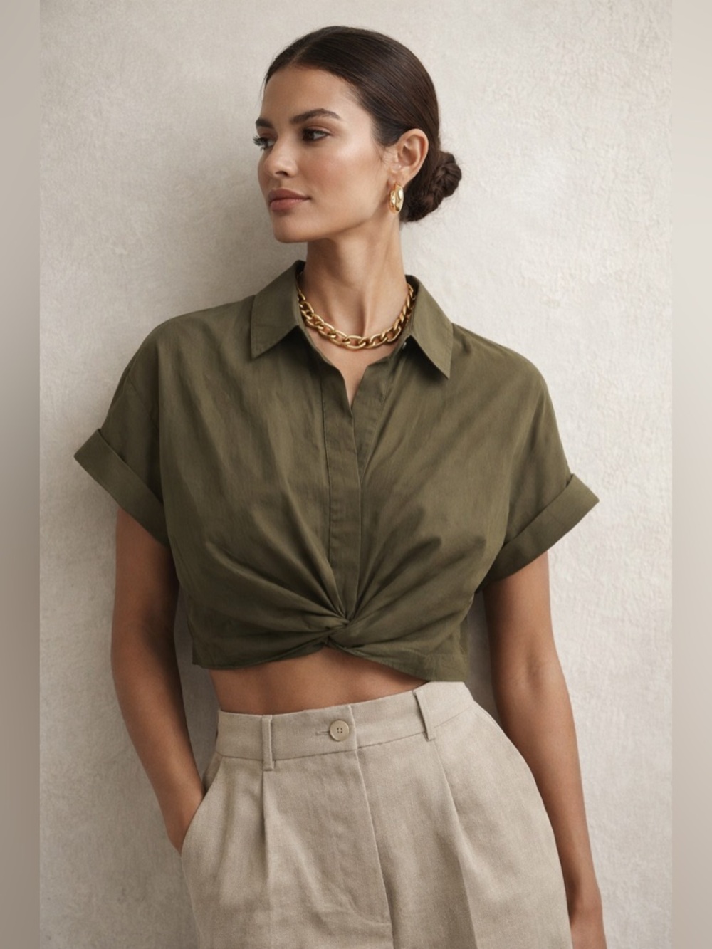 Lauren Ralph Lauren Women’s Olive Twist Front Crop Shirt Sz 14P Quiet Luxury